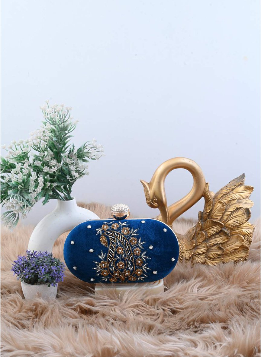 Imperial Blue Velvet Paisley Zardozi Clutch