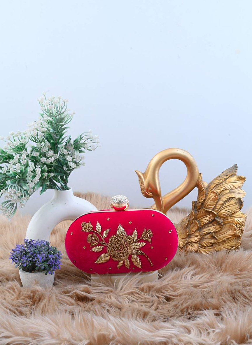 Blossom Pink Velvet Flower Branch Zardozi Clutch