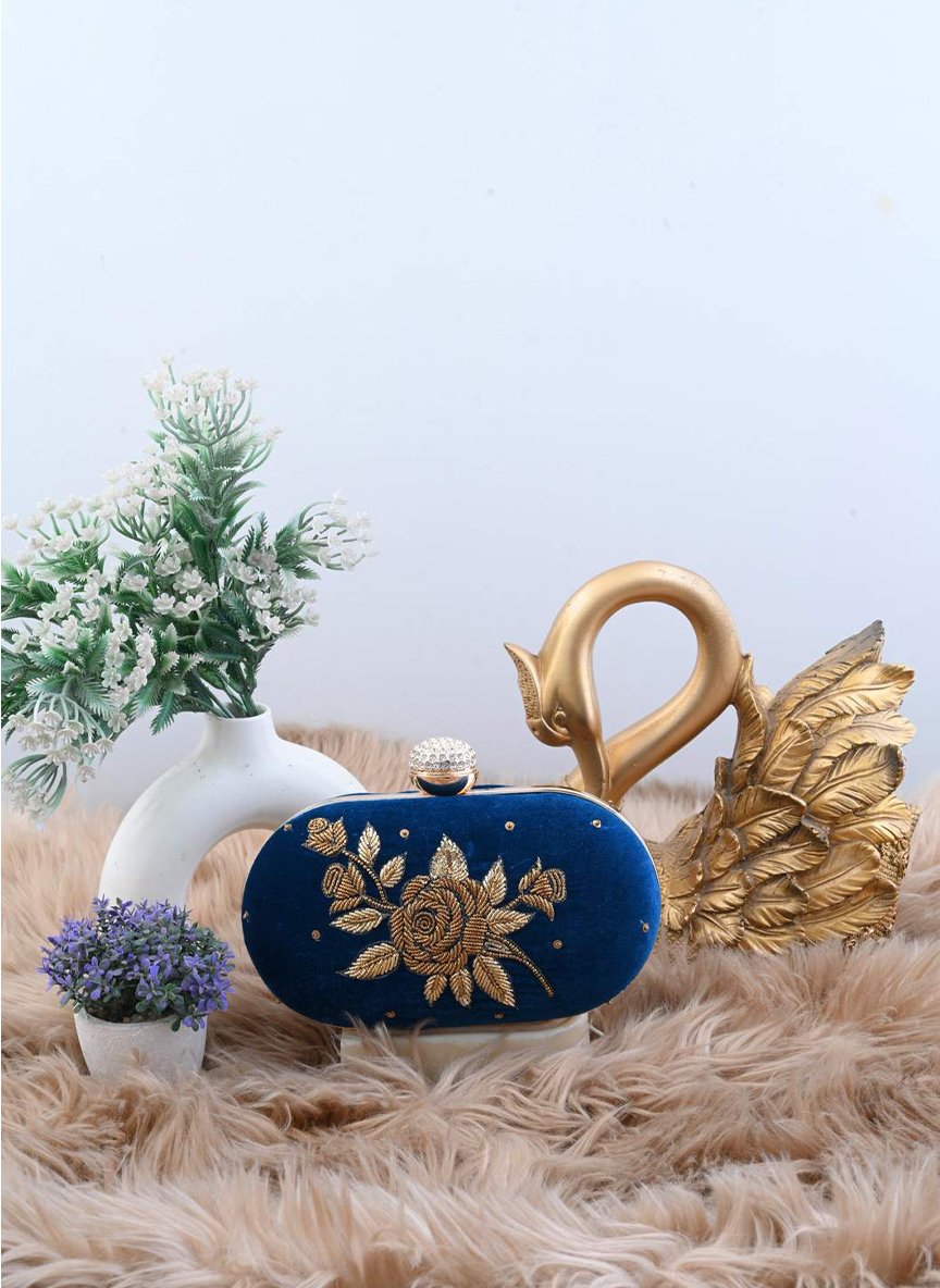 Royal Blue Velvet Flower Branch Zardozi Clutch